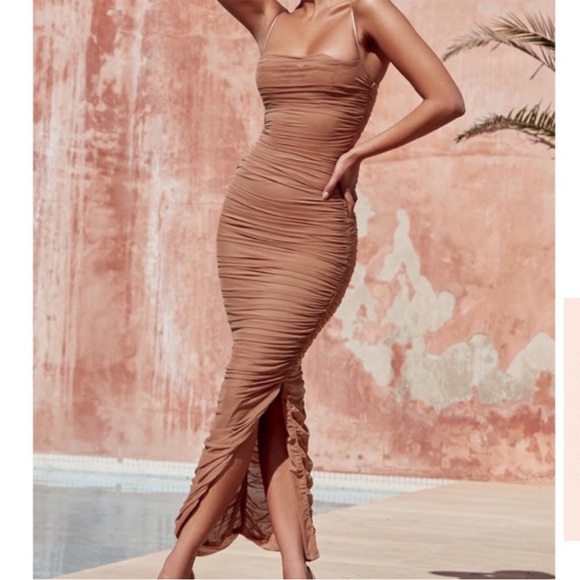 House of CB Dresses & Skirts - House of CB Fornarina Organza Mesh Ruched Maxi Dress Tan Size Small